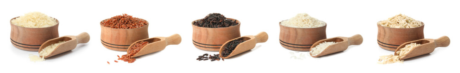 Set of wooden bowls and scoops with different uncooked rices on white background