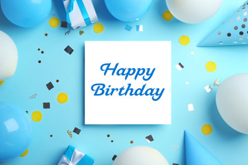 Flat lay composition with party accessories and space for text on color background