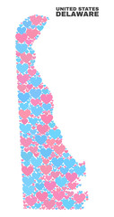 Fototapeta premium Mosaic Delaware State map of valentine hearts in pink and blue colors isolated on a white background. Lovely heart collage in shape of Delaware State map. Abstract design for Valentine decoration.