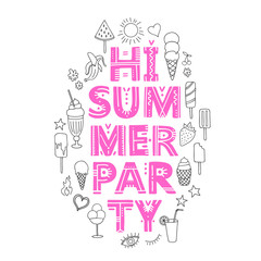 Hi Summer party. Vector Illustration with brush calligraphy vectors for your design. Handwritten ink lettering on white background.