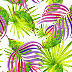 Fototapeta na wymiar Watercolor bouquets of tropical flowers and leaves in watercolor, seamless pattern.