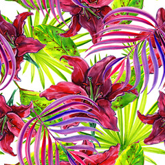 Watercolor bouquets of tropical flowers and leaves in watercolor, seamless pattern.