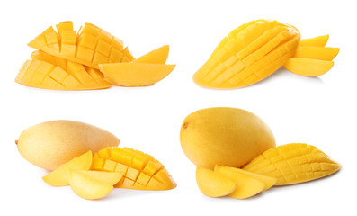 Set of delicious ripe mangoes on white background