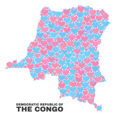 Mosaic Democratic Republic of the Congo map of valentine hearts in pink and blue colors isolated on a white background. Lovely heart collage in shape of Democratic Republic of the Congo map.