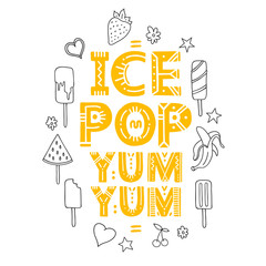 Ice Pop. Vector Illustration with brush calligraphy vectors for your design. Handwritten ink lettering on white background.