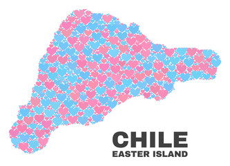 Mosaic Easter Island map of lovely hearts in pink and blue colors isolated on a white background. Lovely heart collage in shape of Easter Island map. Abstract design for Valentine illustrations.