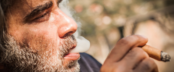 Portrait of bearded caucasian man smoking a cigar