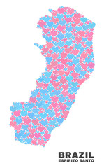 Mosaic Espirito Santo State map of valentine hearts in pink and blue colors isolated on a white background. Lovely heart collage in shape of Espirito Santo State map.