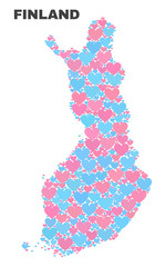 Mosaic Finland map of valentine hearts in pink and blue colors isolated on a white background. Lovely heart collage in shape of Finland map. Abstract design for Valentine decoration.