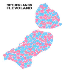 Mosaic Flevoland Province map of valentine hearts in pink and blue colors isolated on a white background. Lovely heart collage in shape of Flevoland Province map.
