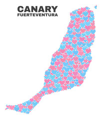 Mosaic Fuerteventura Island map of love hearts in pink and blue colors isolated on a white background. Lovely heart collage in shape of Fuerteventura Island map.