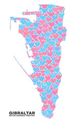 Mosaic Gibraltar map of lovely hearts in pink and blue colors isolated on a white background. Lovely heart collage in shape of Gibraltar map. Abstract design for Valentine illustrations.