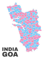 Mosaic Goa State map of lovely hearts in pink and blue colors isolated on a white background. Lovely heart collage in shape of Goa State map. Abstract design for Valentine decoration.