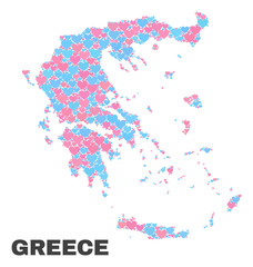 Mosaic Greece map of lovely hearts in pink and blue colors isolated on a white background. Lovely heart collage in shape of Greece map. Abstract design for Valentine illustrations.