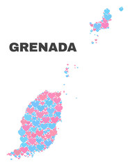 Mosaic Grenada map of valentine hearts in pink and blue colors isolated on a white background. Lovely heart collage in shape of Grenada map. Abstract design for Valentine decoration.