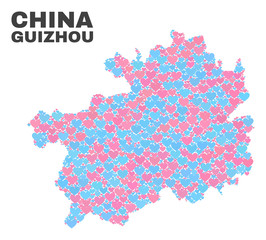 Mosaic Guizhou Province map of love hearts in pink and blue colors isolated on a white background. Lovely heart collage in shape of Guizhou Province map. Abstract design for Valentine illustrations.