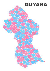 Mosaic Guyana map of valentine hearts in pink and blue colors isolated on a white background. Lovely heart collage in shape of Guyana map. Abstract design for Valentine decoration.