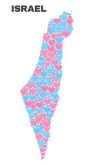 Mosaic Israel map of love hearts in pink and blue colors isolated on a white background. Lovely heart collage in shape of Israel map. Abstract design for Valentine illustrations.
