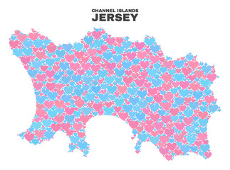 Obraz premium Mosaic Jersey Island map of valentine hearts in pink and blue colors isolated on a white background. Lovely heart collage in shape of Jersey Island map. Abstract design for Valentine illustrations.