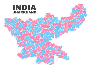 Fototapeta premium Mosaic Jharkhand State map of lovely hearts in pink and blue colors isolated on a white background. Lovely heart collage in shape of Jharkhand State map. Abstract design for Valentine decoration.