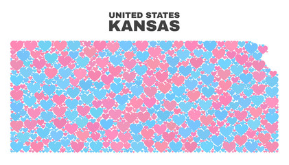 Mosaic Kansas State map of valentine hearts in pink and blue colors isolated on a white background. Lovely heart collage in shape of Kansas State map. Abstract design for Valentine decoration.