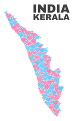 Mosaic Kerala State map of lovely hearts in pink and blue colors isolated on a white background. Lovely heart collage in shape of Kerala State map. Abstract design for Valentine illustrations.