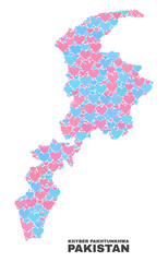 Obraz premium Mosaic Khyber Pakhtunkhwa Province map of love hearts in pink and blue colors isolated on a white background. Lovely heart collage in shape of Khyber Pakhtunkhwa Province map.