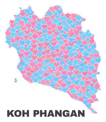 Mosaic Koh Phangan map of love hearts in pink and blue colors isolated on a white background. Lovely heart collage in shape of Koh Phangan map. Abstract design for Valentine illustrations.