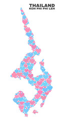 Mosaic Koh Phi Leh map of lovely hearts in pink and blue colors isolated on a white background. Lovely heart collage in shape of Koh Phi Leh map. Abstract design for Valentine illustrations.