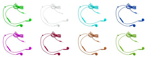 Eight multi-colored vacuum headphones on a white isolated background