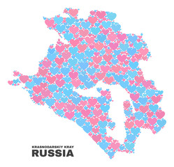 Obraz premium Mosaic Krasnodarskiy Kray map of valentine hearts in pink and blue colors isolated on a white background. Lovely heart collage in shape of Krasnodarskiy Kray map.