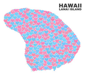 Mosaic Lanai Island map of love hearts in pink and blue colors isolated on a white background. Lovely heart collage in shape of Lanai Island map. Abstract design for Valentine decoration.