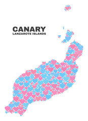 Mosaic Lanzarote Islands map of valentine hearts in pink and blue colors isolated on a white background. Lovely heart collage in shape of Lanzarote Islands map.