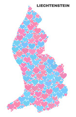 Mosaic Liechtenstein map of valentine hearts in pink and blue colors isolated on a white background. Lovely heart collage in shape of Liechtenstein map. Abstract design for Valentine decoration.