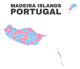 Mosaic Madeira Islands map of lovely hearts in pink and blue colors isolated on a white background. Lovely heart collage in shape of Madeira Islands map. Abstract design for Valentine illustrations.