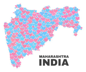 Mosaic Maharashtra State map of love hearts in pink and blue colors isolated on a white background. Lovely heart collage in shape of Maharashtra State map. Abstract design for Valentine decoration.