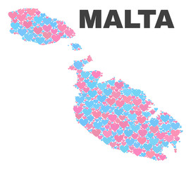 Mosaic Malta map of valentine hearts in pink and blue colors isolated on a white background. Lovely heart collage in shape of Malta map. Abstract design for Valentine decoration.