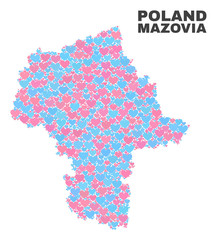 Mosaic Masovian Voivodeship map of lovely hearts in pink and blue colors isolated on a white background. Lovely heart collage in shape of Masovian Voivodeship map.