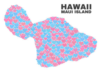 Mosaic Maui Island map of valentine hearts in pink and blue colors isolated on a white background. Lovely heart collage in shape of Maui Island map. Abstract design for Valentine illustrations.
