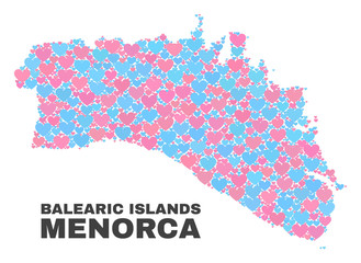 Obraz premium Mosaic Menorca Island map of valentine hearts in pink and blue colors isolated on a white background. Lovely heart collage in shape of Menorca Island map. Abstract design for Valentine decoration.