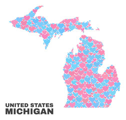 Mosaic Michigan State map of lovely hearts in pink and blue colors isolated on a white background. Lovely heart collage in shape of Michigan State map. Abstract design for Valentine illustrations.