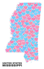 Mosaic Mississippi State map of valentine hearts in pink and blue colors isolated on a white background. Lovely heart collage in shape of Mississippi State map.