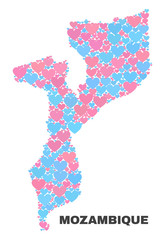 Mosaic Mozambique map of love hearts in pink and blue colors isolated on a white background. Lovely heart collage in shape of Mozambique map. Abstract design for Valentine illustrations.