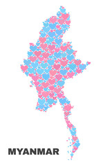 Mosaic Myanmar map of lovely hearts in pink and blue colors isolated on a white background. Lovely heart collage in shape of Myanmar map. Abstract design for Valentine illustrations.