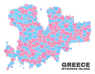 Mosaic Mykonos Island map of love hearts in pink and blue colors isolated on a white background. Lovely heart collage in shape of Mykonos Island map. Abstract design for Valentine illustrations.