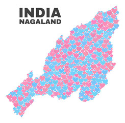 Mosaic Nagaland State map of love hearts in pink and blue colors isolated on a white background. Lovely heart collage in shape of Nagaland State map. Abstract design for Valentine illustrations.