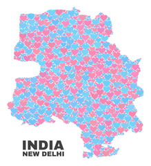 Mosaic New Delhi City map of valentine hearts in pink and blue colors isolated on a white background. Lovely heart collage in shape of New Delhi City map. Abstract design for Valentine decoration.