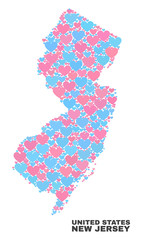 Mosaic New Jersey State map of love hearts in pink and blue colors isolated on a white background. Lovely heart collage in shape of New Jersey State map. Abstract design for Valentine decoration.