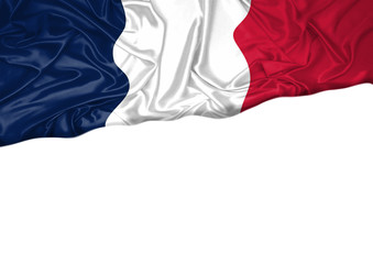 National flag of France hoisted outdoors with white background. France Day Celebration