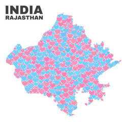 Obraz premium Mosaic Rajasthan State map of lovely hearts in pink and blue colors isolated on a white background. Lovely heart collage in shape of Rajasthan State map. Abstract design for Valentine illustrations.